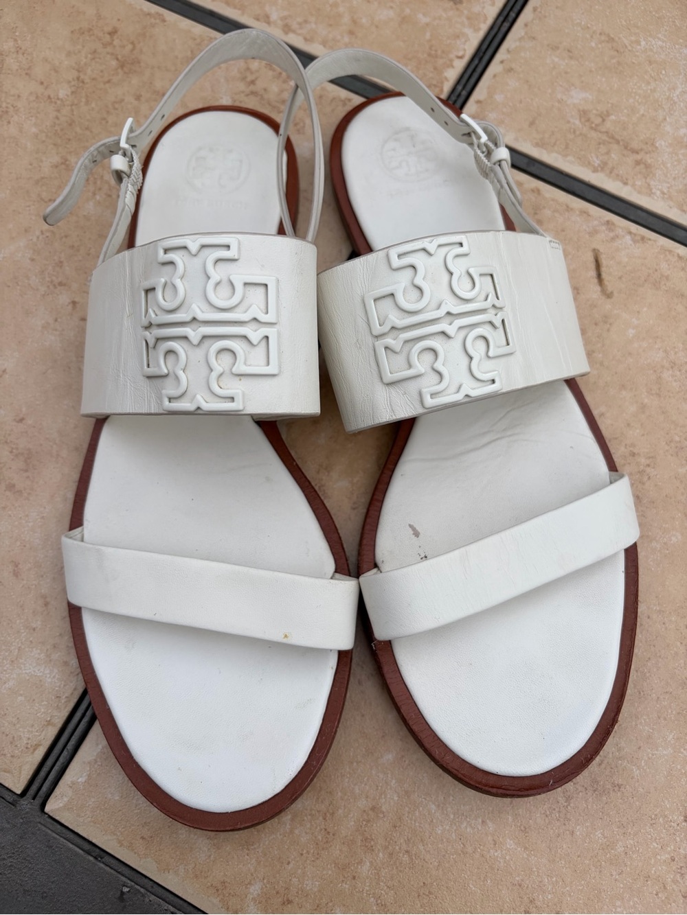 Tory Burch White Leather Logo Strap Slingback Sandals